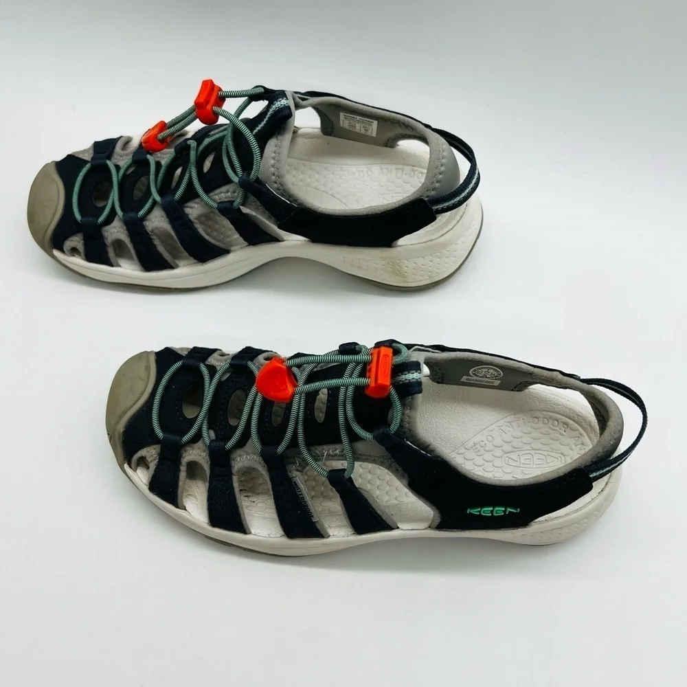 KEEN Women’s Stylish Blue and Gray Waterproof Sandals with Orange Accents Size 7